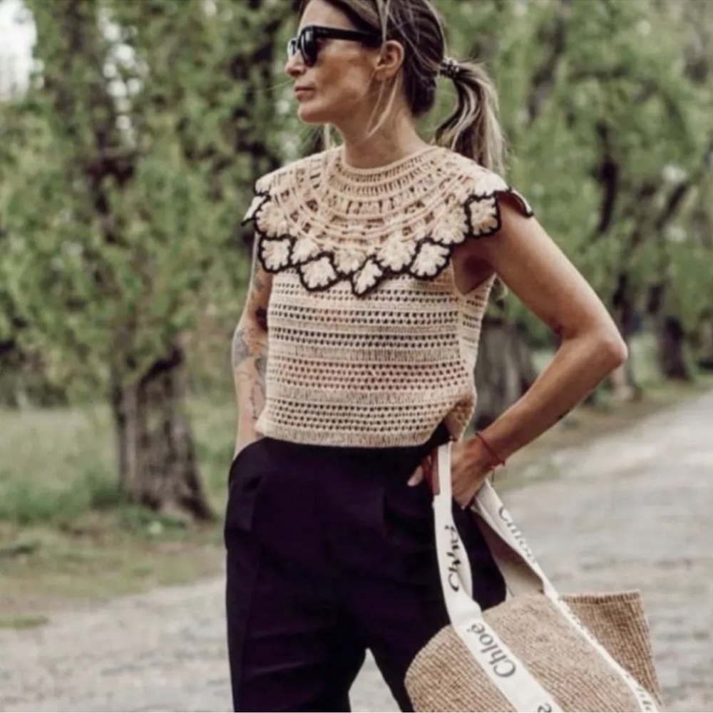 ZARA KNIT PETER PAN COLLAR CROCHET TOP